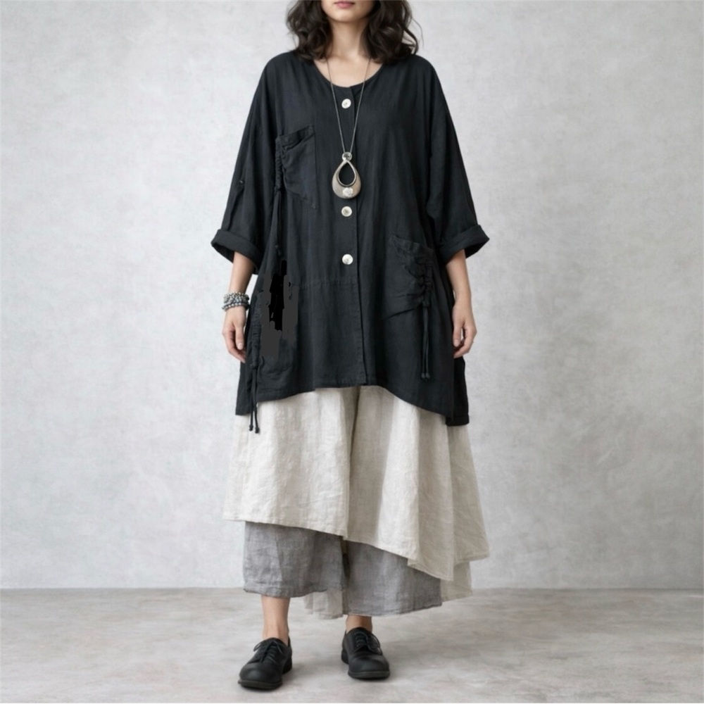 Kaliyana Lagenlook Jacket Linen Blend Oversized Cocoon Black Artwear Fit XL 2X